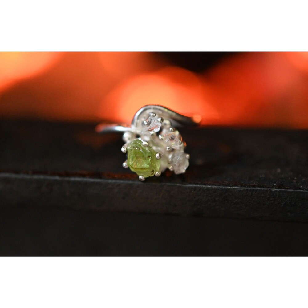 Raw Peridot and Diamond Engagement Ring, Raw Diamond Ring, Size 5 Engagement Rin